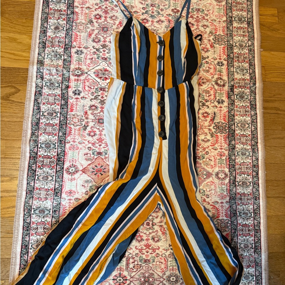 Stylish Striped Jumpsuit in Black, Blue, and Tan